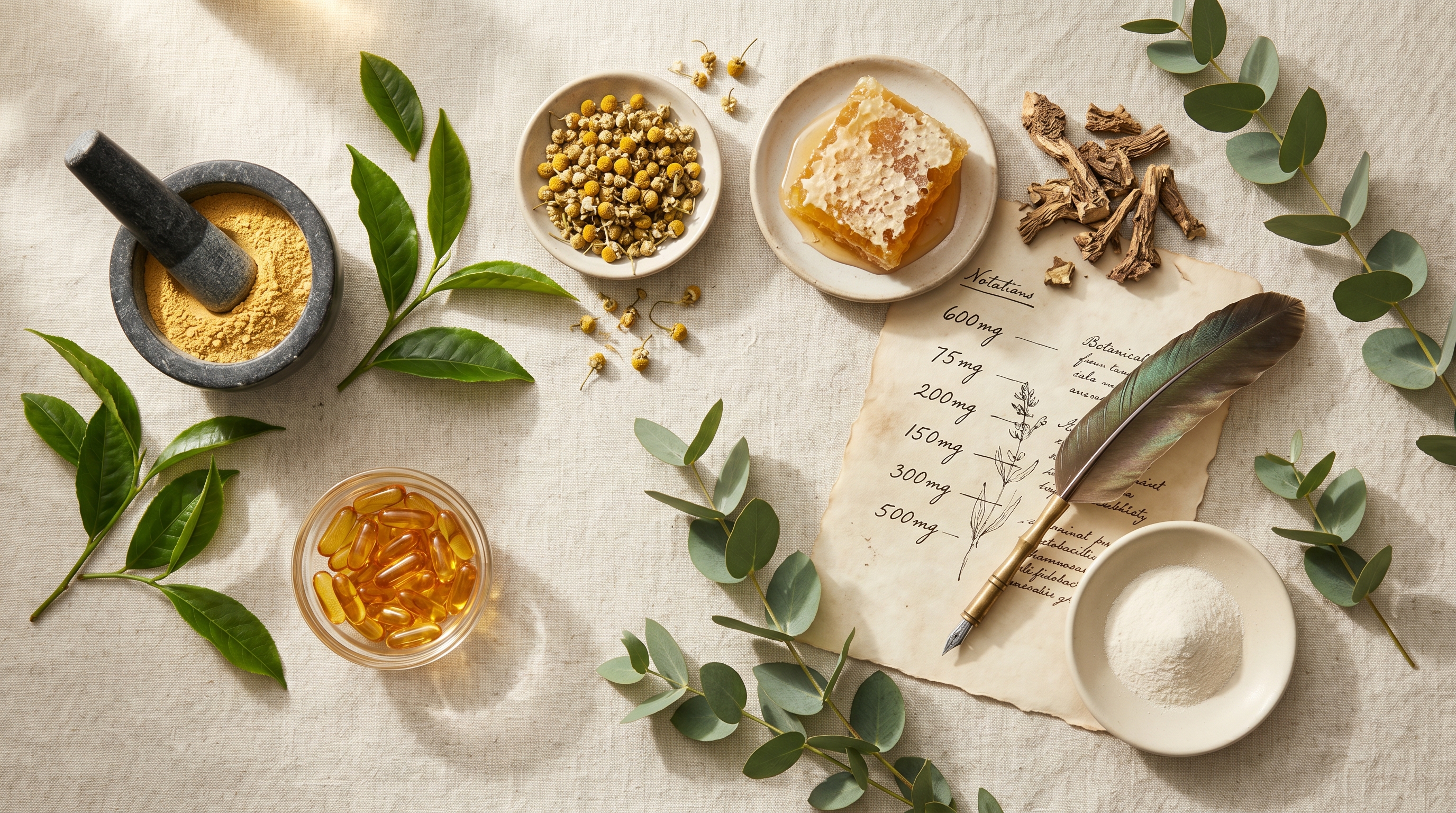 A flat-lay of raw botanical actives, glass dishes of oils and powders, with handwritten dose notations